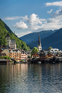 奥地利的奥地利旅游小镇哈尔施塔特风光背景
