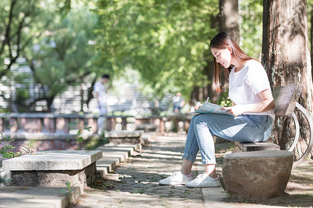 坐在树下看书的女生图片