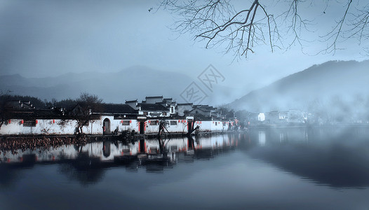 徽式美食水墨宏村背景