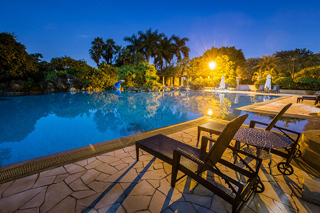 手绘植物椰子树酒店游泳池背景
