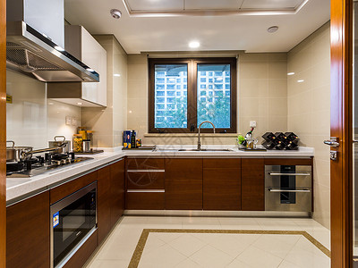不锈钢窗现代设计感的宽敞厨房背景