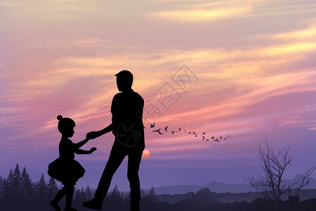湖面跳舞夕阳下父亲带着俩个孩子设计图片