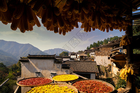 青砖背景秋天婺源篁岭晒秋背景