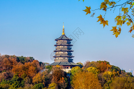 西湖水墨画西湖雷锋塔背景