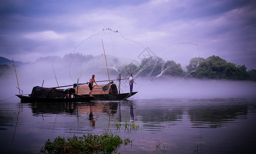 大美丽江浙江旅游景区瓯江上的渔船捕鱼背景