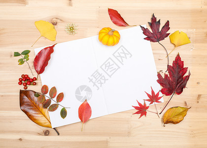 木纹办公桌面秋日落叶缤纷多彩的桌面背景