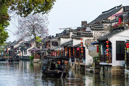 古风杜鹃花海报江南水乡西塘河流船只背景