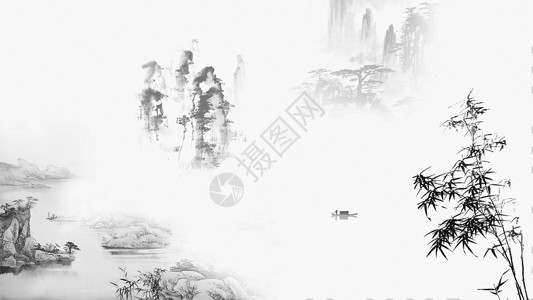 中国风竹墨灯笼水墨风格山水风光的banner背景插画