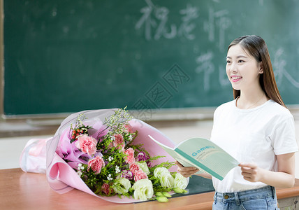 插花女孩学生和黑板设计图片