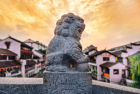 上海七宝老街七宝老街桥头石狮雕塑背景