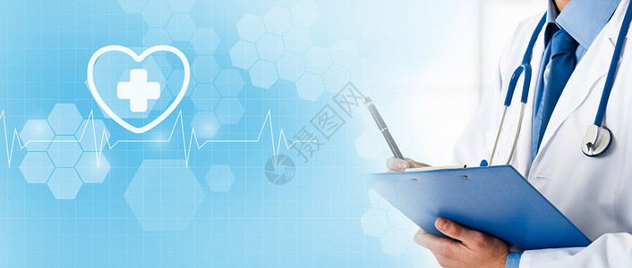 蓝色爱心花边框医疗科技背景设计图片