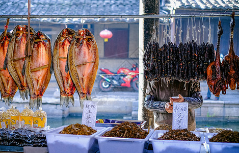 春节卖鱼素材浙江绍兴古镇新年年货民俗市场背景
