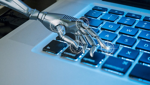 机械手触碰键盘计算机键盘工作的人工智能设计图片