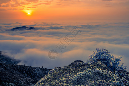 蓝色太阳花边框浙江括苍山日出云海与雾凇美景背景