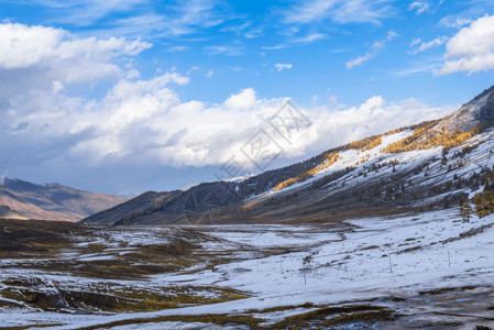 蓝天下的北疆雪山草原高清图片