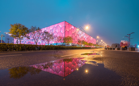 蓝色城市夜景北京水立方背景