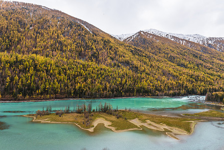 雪山森林中湖喀纳斯湖卧龙湾背景