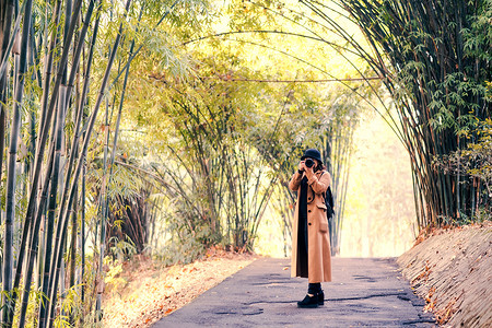 竹林中拍摄风景的人背景图片