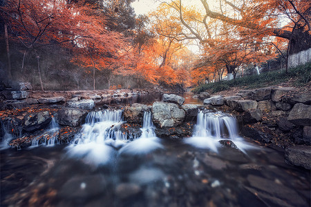 九溪瀑布与枫叶高清图片