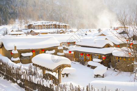 雪花飘絮下雪的村庄背景