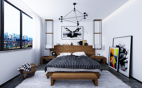 地板床品现代卧室效果图背景