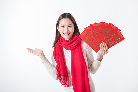 庚子年新年快乐新年女性手拿红包背景