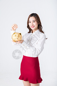 小猪大吉新年商务女性手拿储蓄罐背景