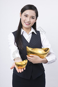 中国风商业免费素材手拿金元宝的职业女性背景