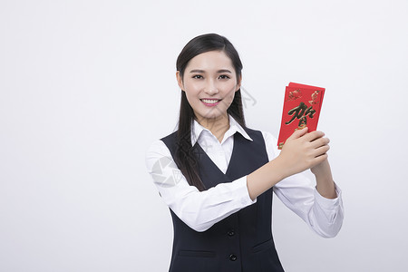 红色企业三折页手拿红包的商务女性人像背景