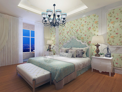 床头背景墙田园风格卧室效果图设计图片
