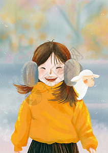 抱着鲤鱼的猫抱猫女孩儿快乐的微笑插画