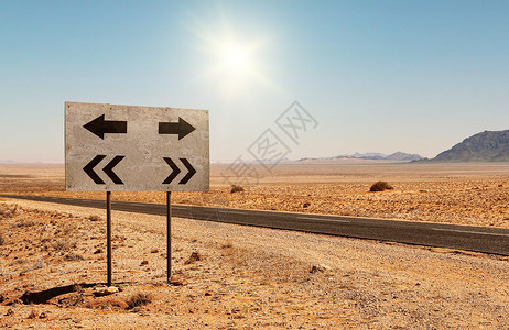 荒漠中公路向左走向右走设计图片