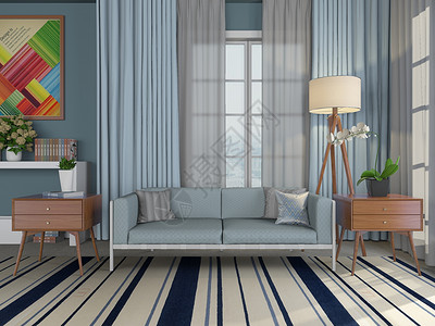 蓝色花卉盆栽地中海风客厅沙发设计图片