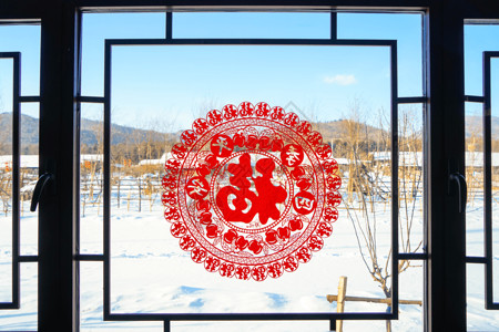 中国年味素材贴在窗户上的窗花背景