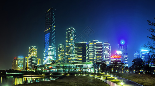 水边夜景城市建筑LED灯饰夜景背景