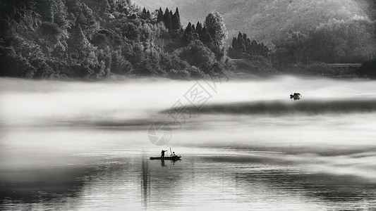 太空手绘插画充满中国风的江南水乡雾气景色背景