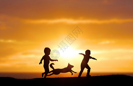三个小孩吃饺子夕阳下玩耍的小孩剪影设计图片