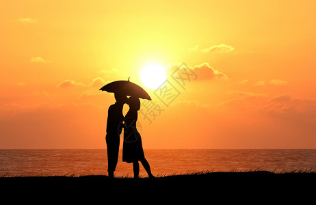 拿伞的情侣夕阳情侣剪影设计图片