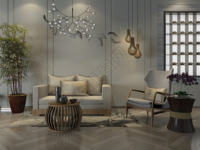 白掌盆栽创意沙发单椅组合效果图设计图片