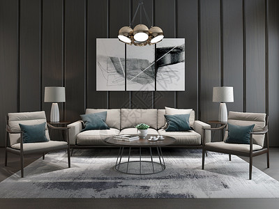 灰色皮椅新中式客厅沙发效果图设计图片