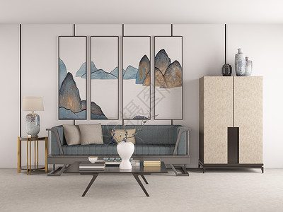 新中式装饰画客厅沙发效果图设计图片