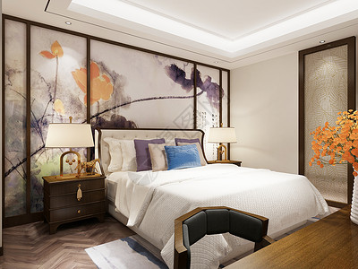 新中式背景墙新中式卧室效果图背景