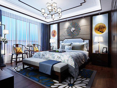 中式床新中式卧室效果图背景