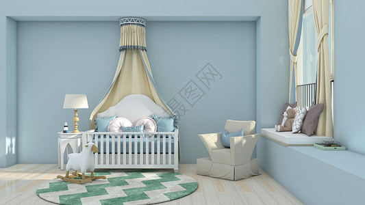蓝色系卧室清新简约欧式儿童房室内家居背景背景