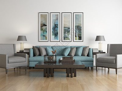 美人鱼墙画客厅沙发组合效果图设计图片