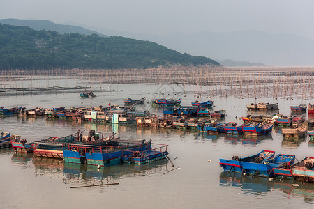 渔船作业福建夕阳下的渔港背景