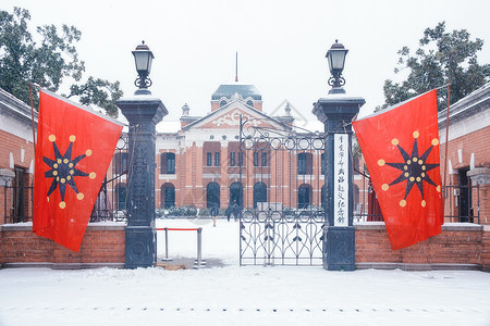 大雪中的武汉辛亥革命纪念馆背景图片