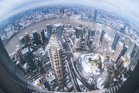 上海雨雪天气城市建筑全景高清图片