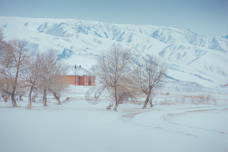 雪山里红房子背景