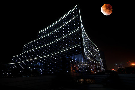 武汉红月全食夜景背景图片